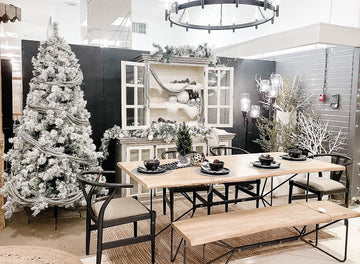 Showhome Furniture lifestyle display of live edge solid-wood dining table chairs and bench