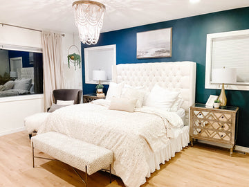 custom Canadian-made Panama Bed and Bench with White Wooden-Beaded Chandelier and Mirrored Nightstand