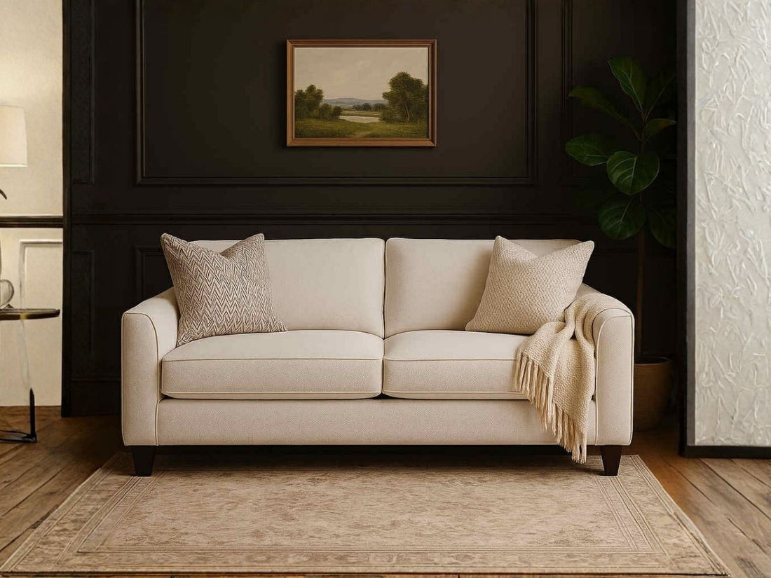 2786 Custom Canadian Made Fabric Sofa with black wall and painting