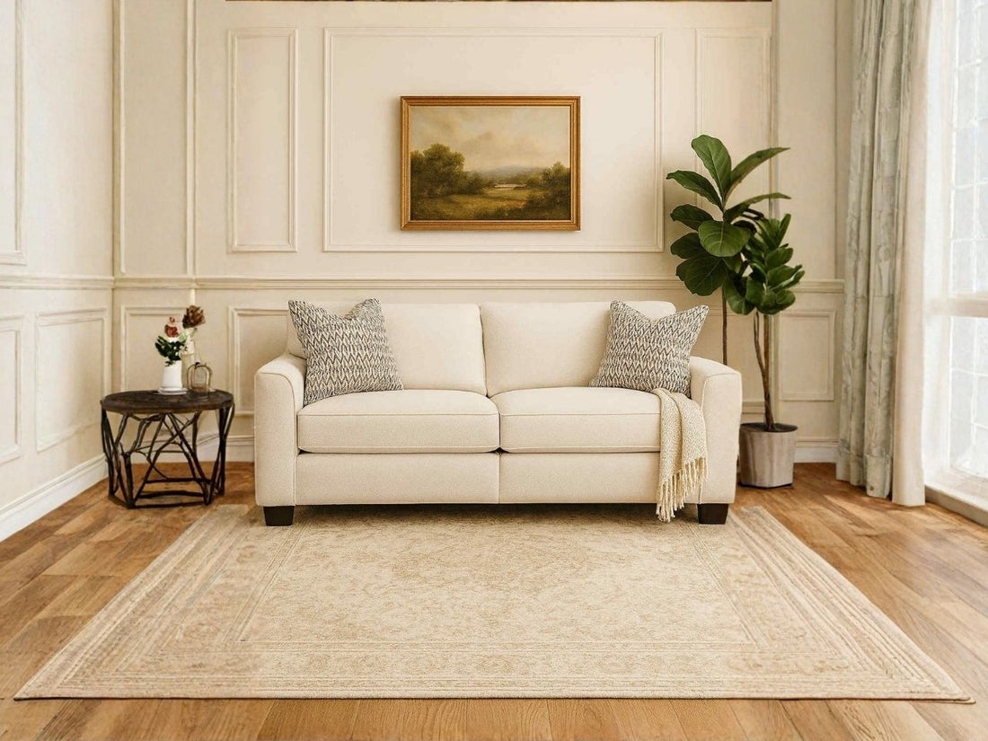 2786 Custom Canadian Made Fabric Sofa with black wall and painting
