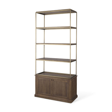 Baron Dark Brown Wood w/ Antiqued Aged Brass Metal 2-Door Open Shelving Unit - Calgary Furniture Store