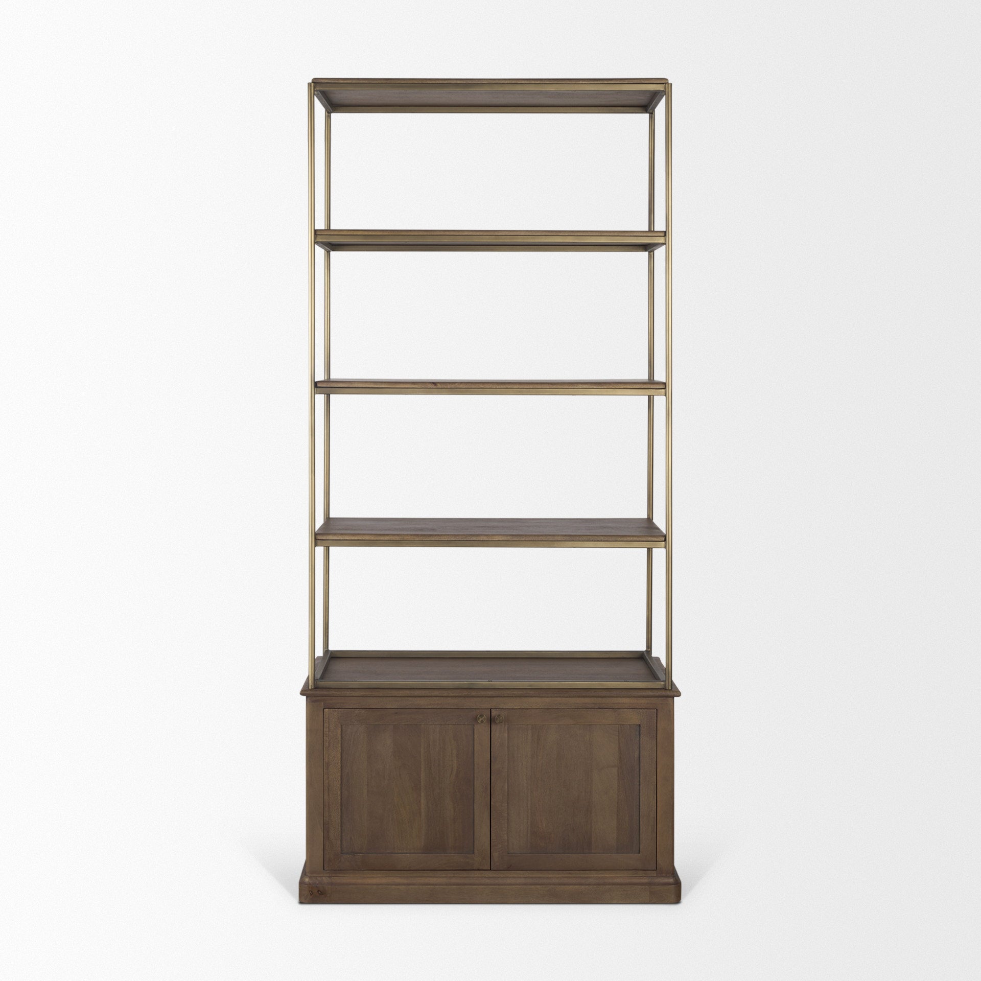 Baron Dark Brown Wood w/ Antiqued Aged Brass Metal 2-Door Open Shelving Unit - Calgary Furniture Store