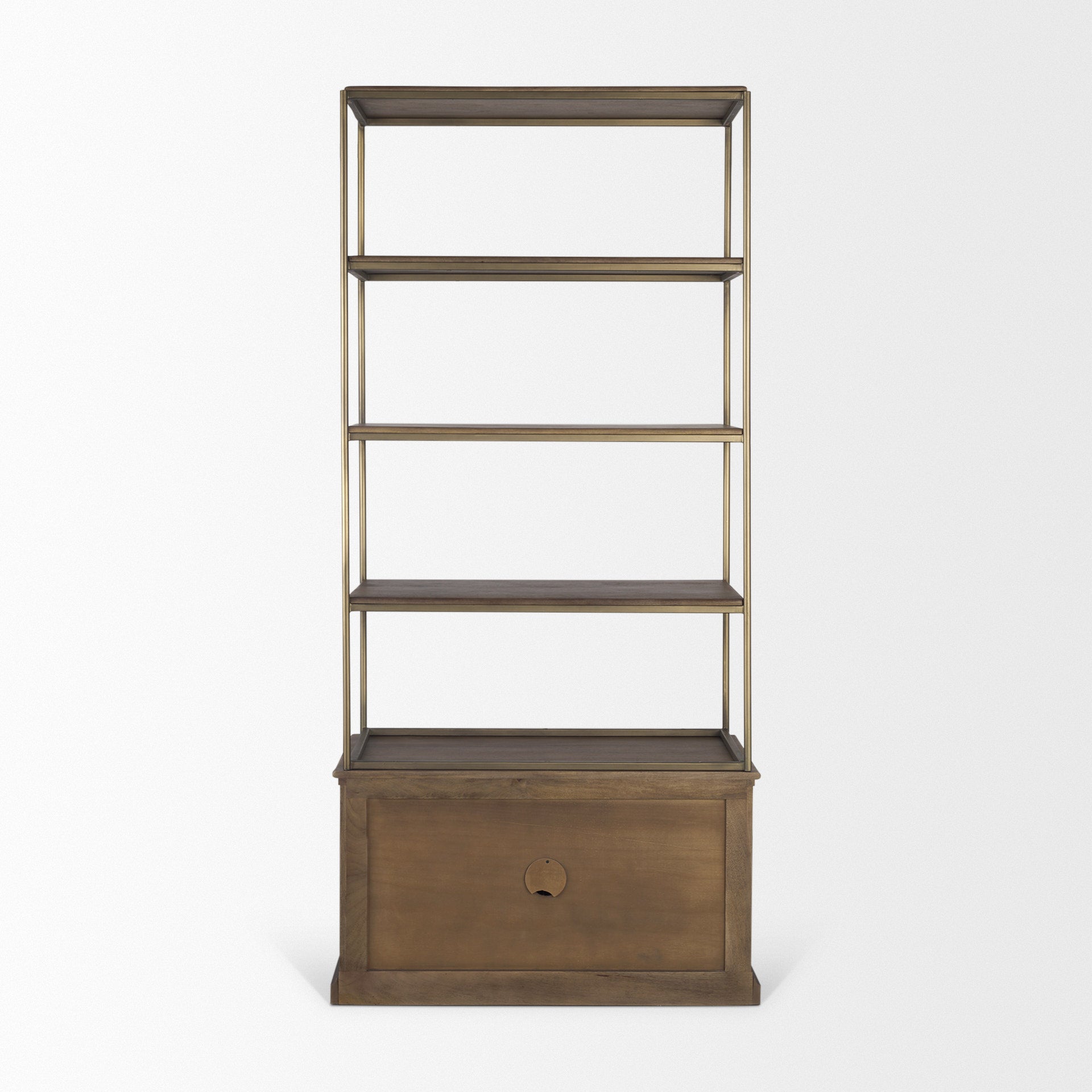Baron Dark Brown Wood w/ Antiqued Aged Brass Metal 2-Door Open Shelving Unit - Calgary Furniture Store