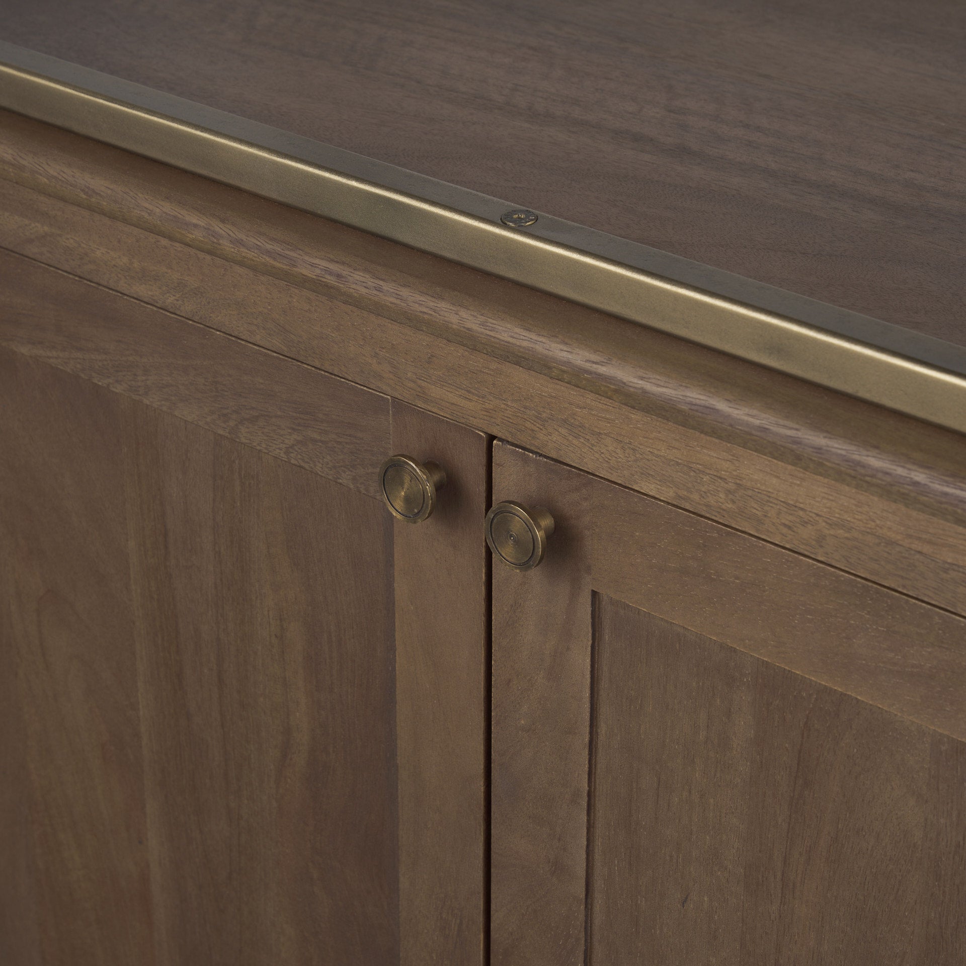 Baron Dark Brown Wood w/ Antiqued Aged Brass Metal 2-Door Open Shelving Unit - Calgary Furniture Store