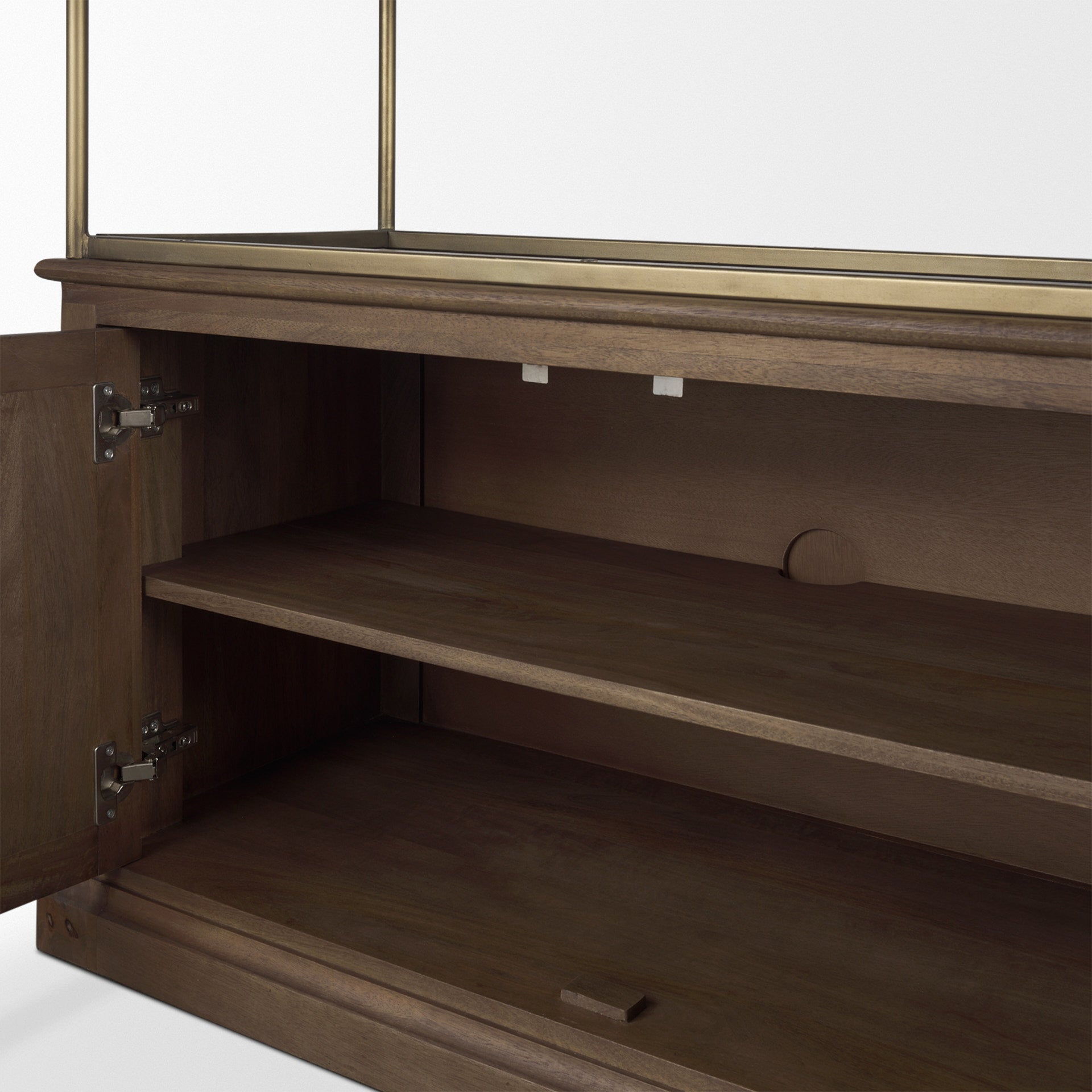 Baron Dark Brown Wood w/ Antiqued Aged Brass Metal 2-Door Open Shelving Unit - Calgary Furniture Store