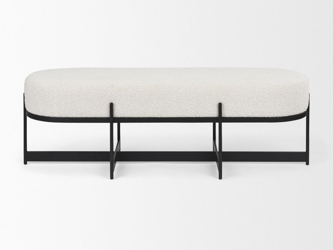 Amelia Cream Boucle W/Black Metal Upholstered Bench in Calgary in a white background