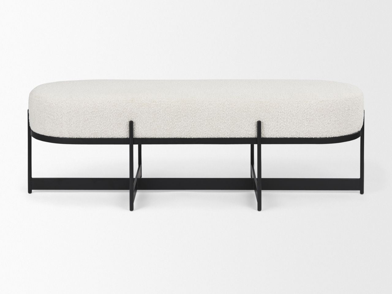 Amelia Cream Boucle W/Black Metal Upholstered Bench in Calgary in a white background