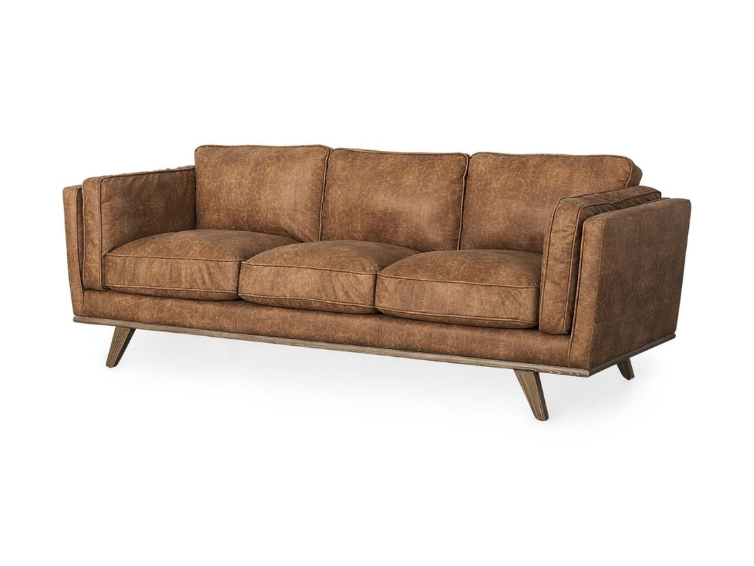 Brooks Cognac Brown Faux Leather Three Seater Sofa in Calgary in a white background