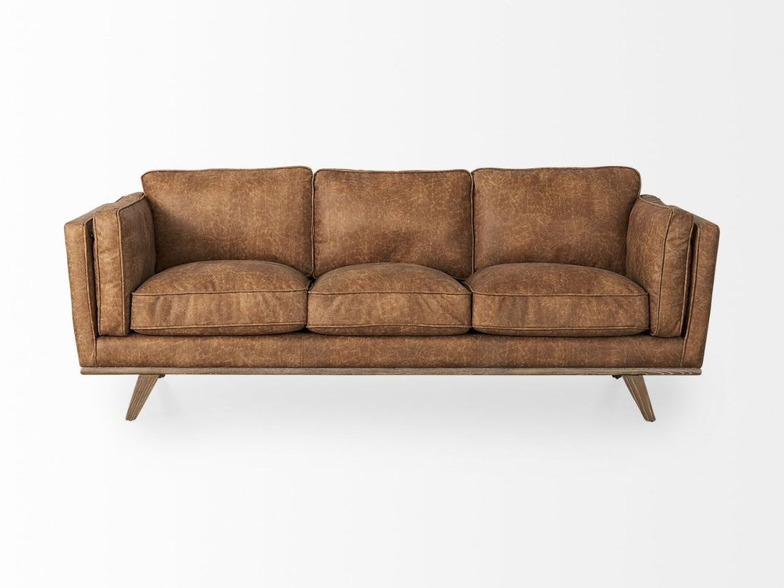 Brooks Cognac Brown Faux Leather Three Seater Sofa in Calgary in a white background