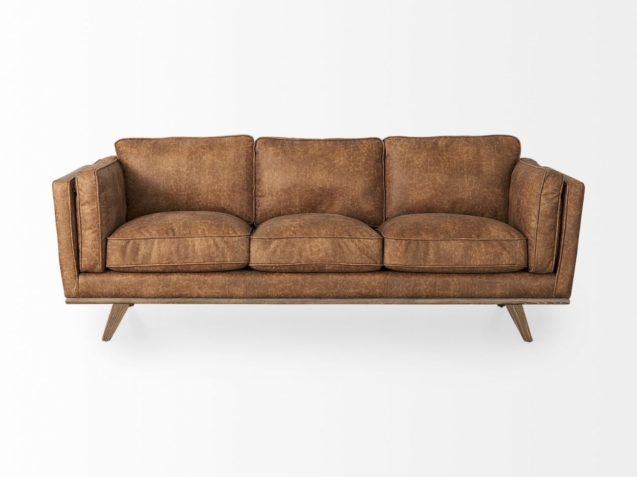 Brooks Cognac Brown Faux Leather Three Seater Sofa in Calgary in a white background