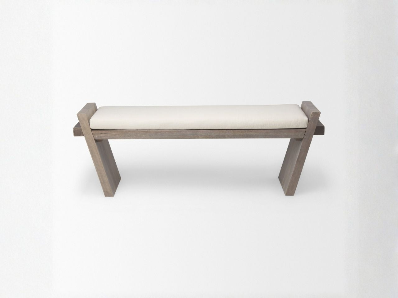 Elaine l Brown Wood Upholstered Cream Seat Bench in Calgary in a white background