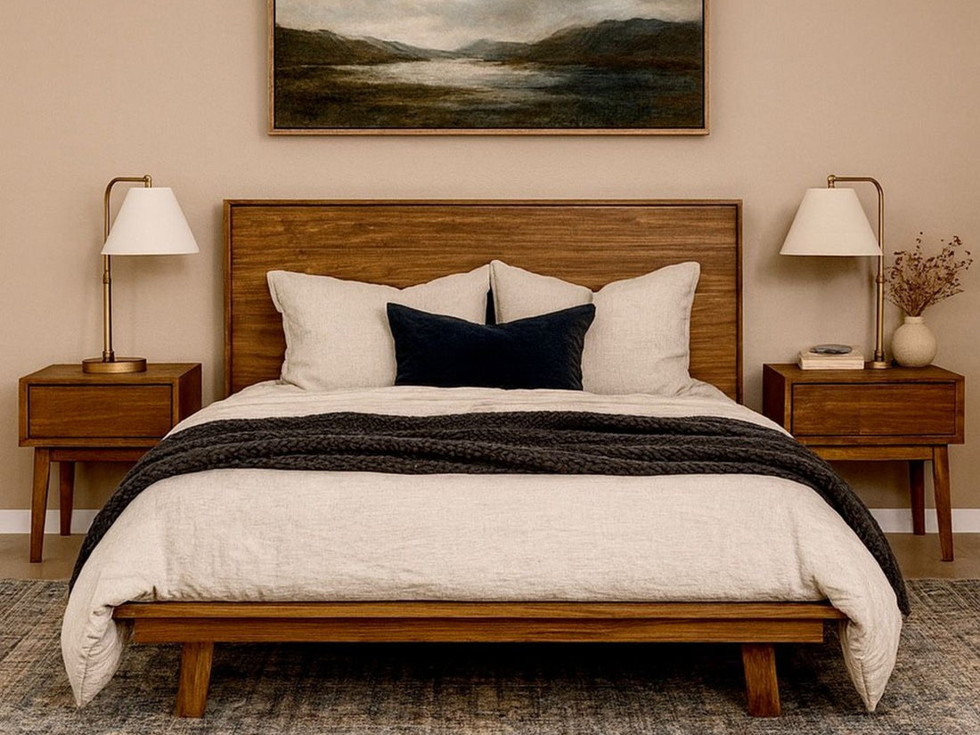 Gia King Bed in Warm Pecan solid wood with nightstands, and lamps against a beige wall.