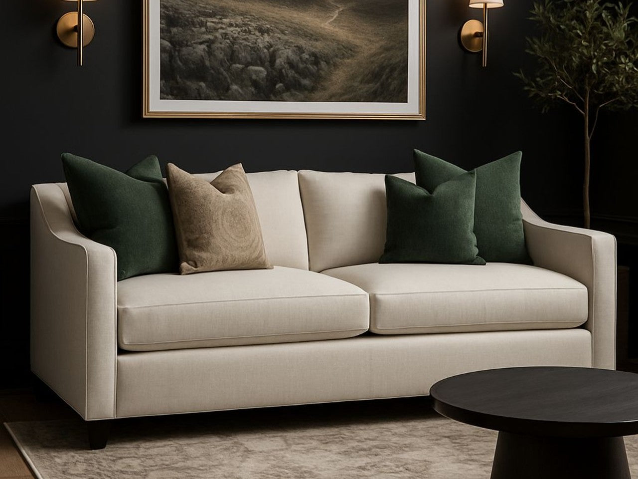 Lease sofa in Calgary with green and brown cushions in a room with a dark wall and framed artwork.