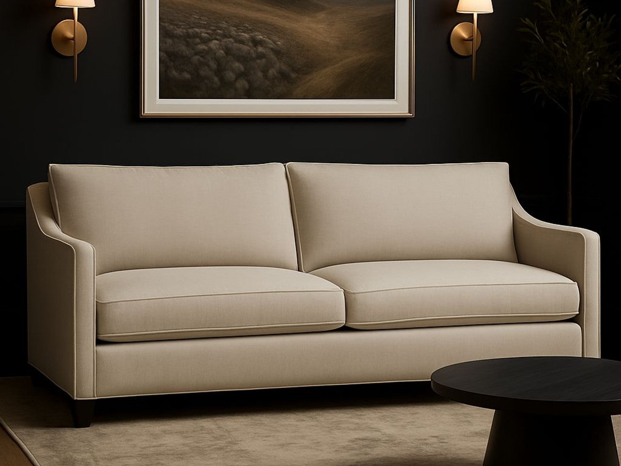 Lease sofa in Calgary in a room with dark walls, framed artwork, and a round black table.