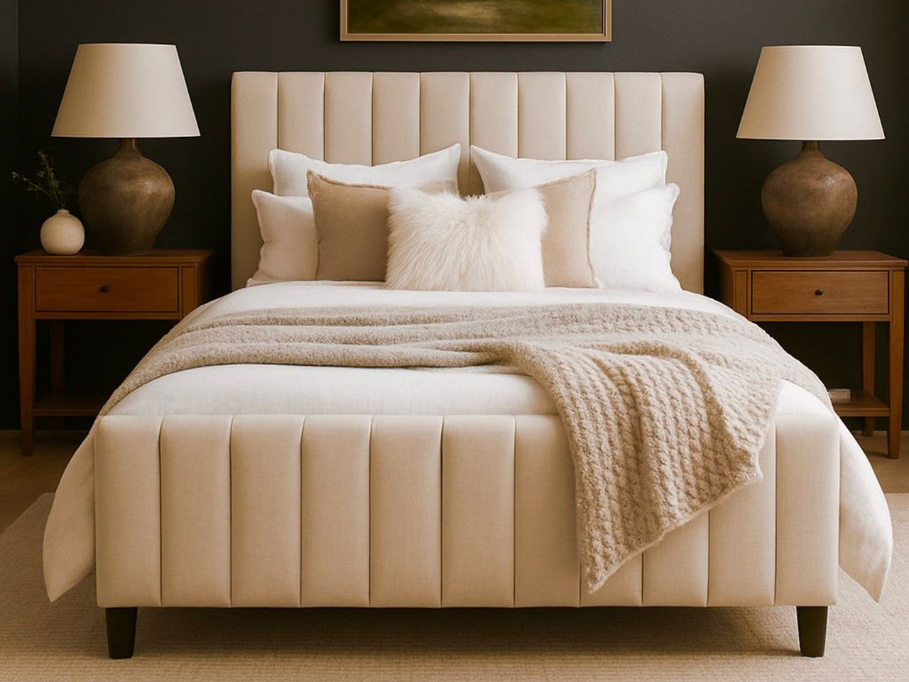 Beige Brit bed in Calgary from Showhome Furniture with matching headboard and nightstands in a bedroom setting.