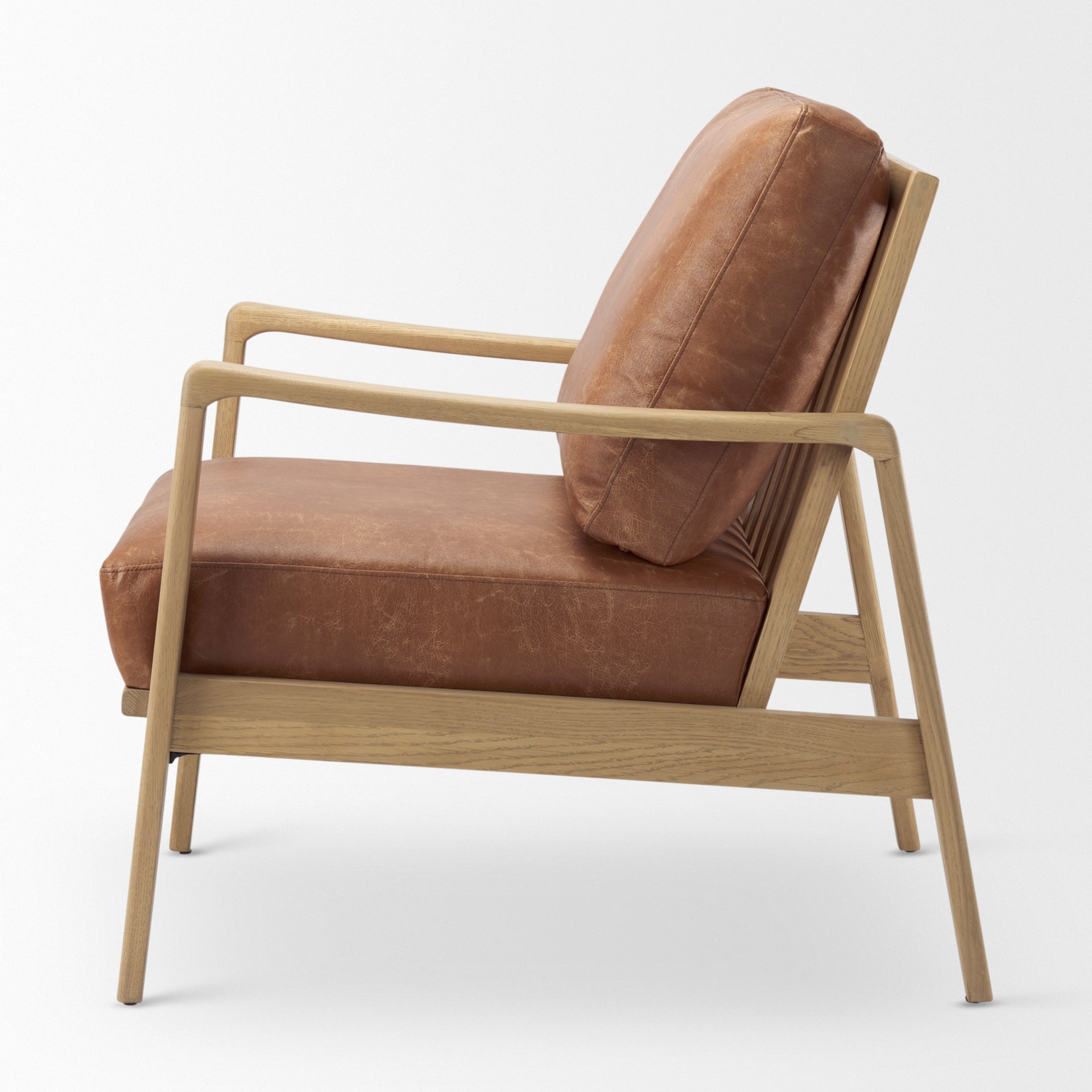 Brown leather accent chair in Calgary with wooden frame