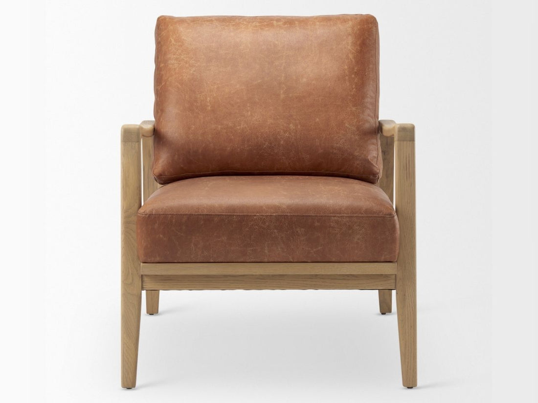 Brown leather accent chair in Calgary with wooden frame