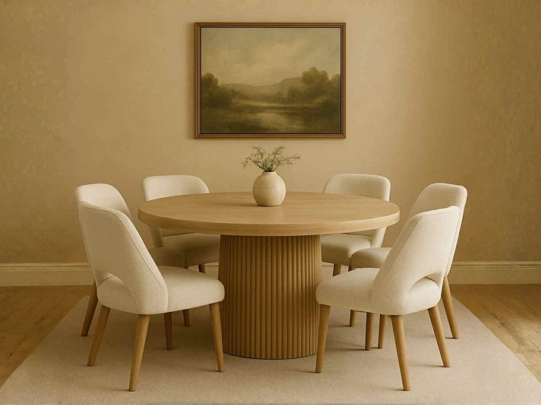 Terra Light Brown Wood Round Dining Table with dark chairs in Calgary