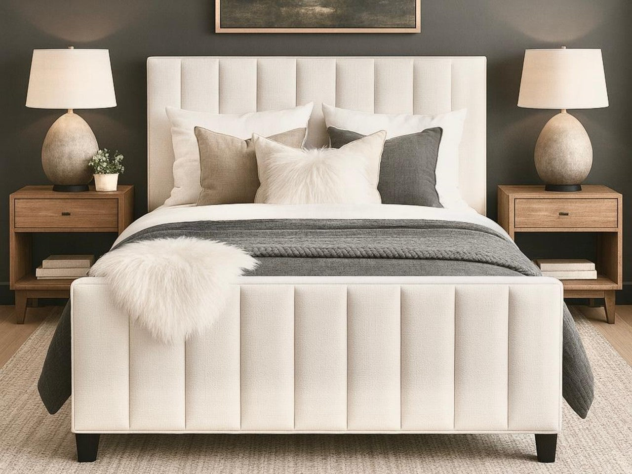 White Brit bed in Calgary from Showhome Furniture with decorative pillows and bedding