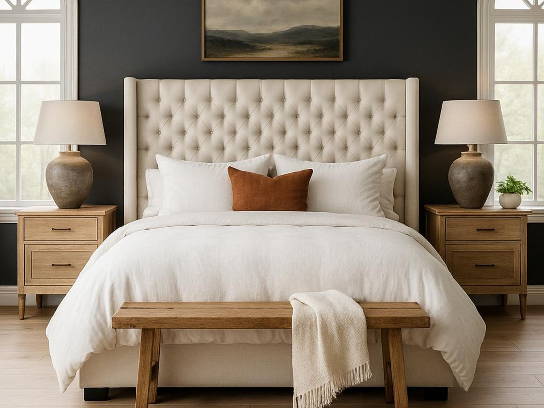 Neatly made Panama bed in Calgary with white bedding and a wooden bench in a bedroom setting.