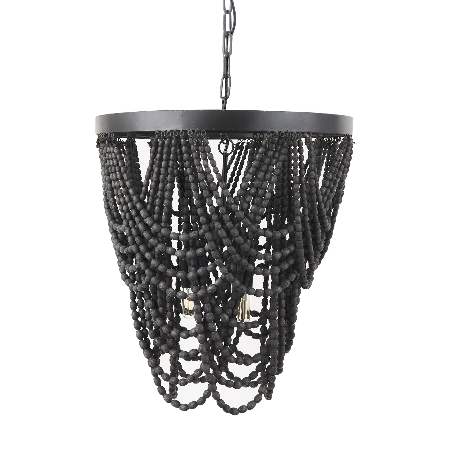 Pendra Black Metal Wooden Bead Three Bulb Chandelier | Calgary Furniture Store