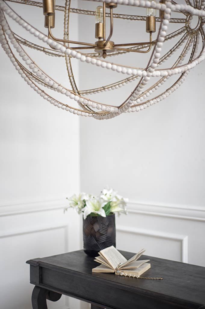 Ava White Gold Metal and White Wood Beaded Six Bulb Chandelier | Calgary Furniture Store