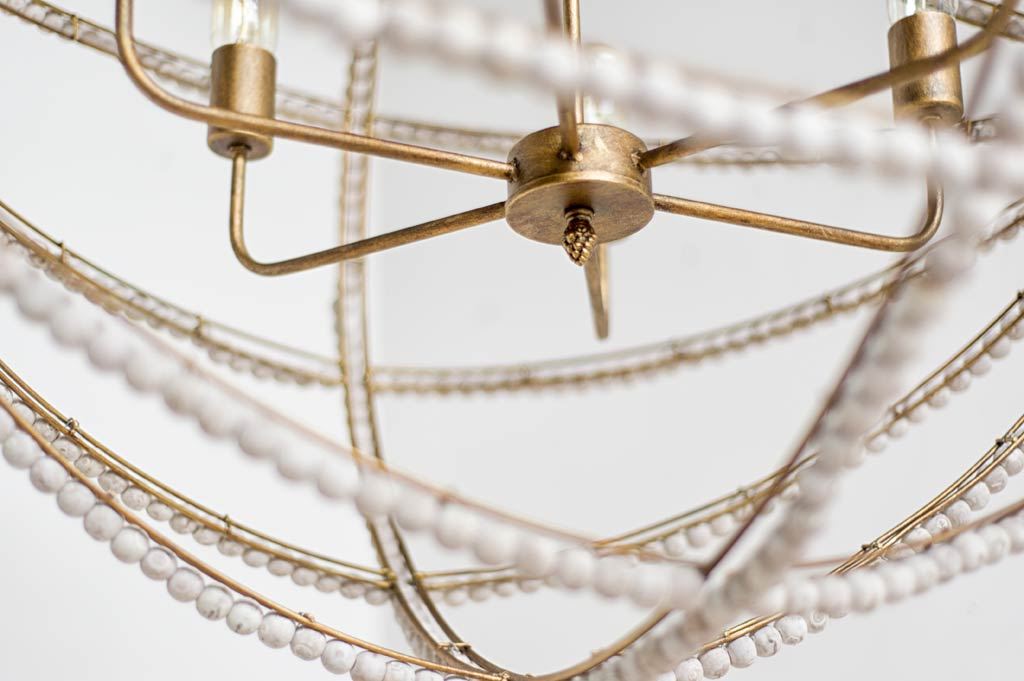 Ava White Gold Metal and White Wood Beaded Six Bulb Chandelier | Calgary Furniture Store