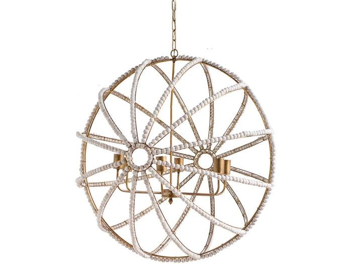 Ava White Gold Metal and White Wood Beaded Six Bulb Chandelier | Calgary Furniture Store