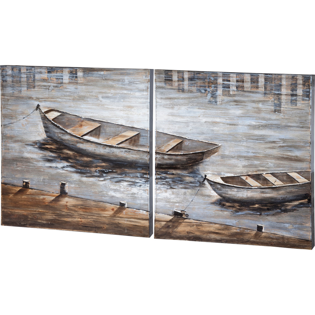 Creekside Diptych Boats Original Hand Painted on Wood Oil Painting | Calgary Furniture Store