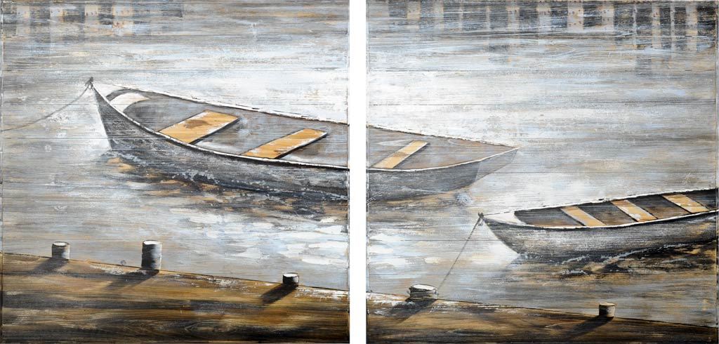 Creekside Diptych Boats Original Hand Painted on Wood Oil Painting | Calgary Furniture Store