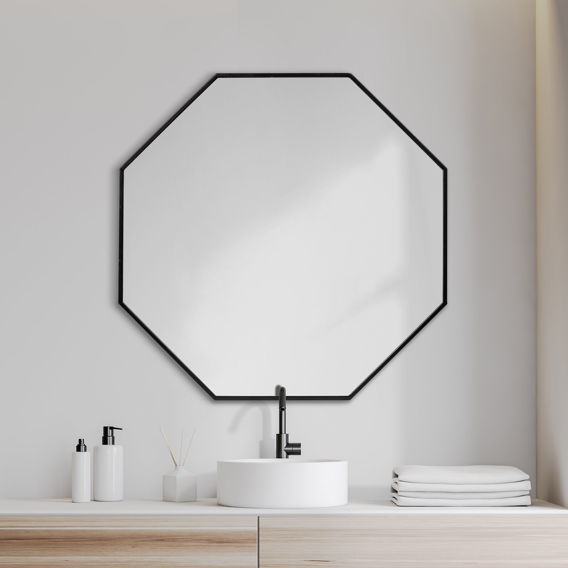 Helix 37" Octagon Black Metal Frame Mirror | Calgary Furniture Store