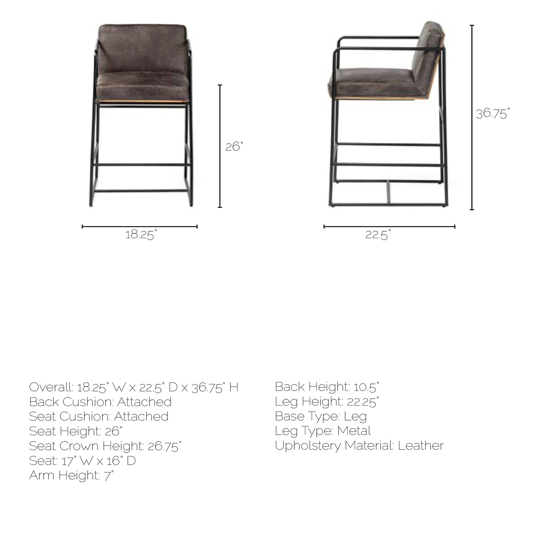 Stamford Ebony Leather Seat Black Metal Frame Counter Stool | Calgary Furniture Store