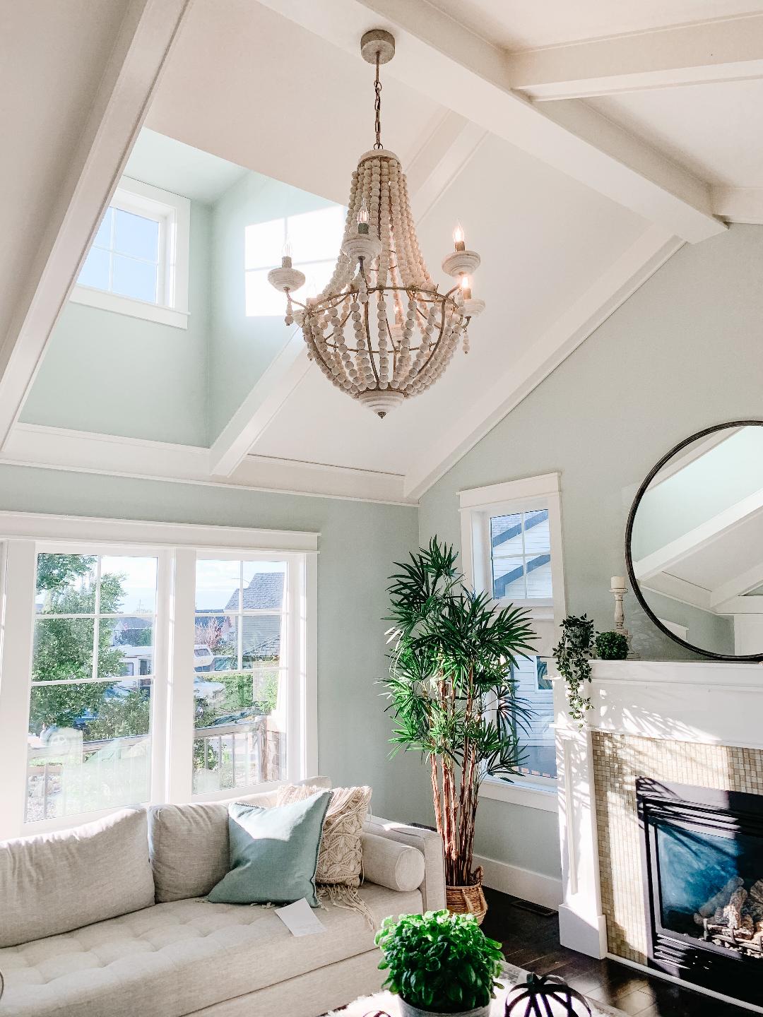 Phillum Silver Metal Chassis and White Wood Beaded Six Bulb Chandelier | Calgary Furniture Store