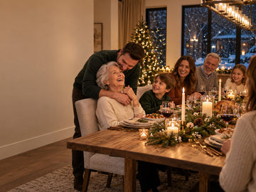 Grandmother smiling as her son hugs her during a family Christmas dinner around a wooden dining table in a Calgary home.