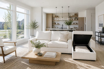 Bright and airy modern living room with a Canadian-made couch with storage 