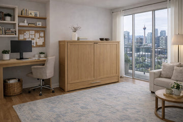 Canadian-made cabinet bed in a small modern home in Calgary with a home office set up