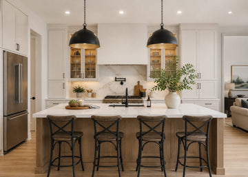 Bright modern kitchen with marble island and Black X-Back Barstool In Calgary
