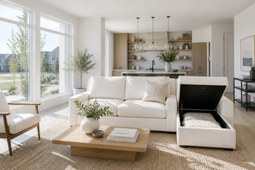 Bright and airy modern living room with a Canadian-made couch with storage 