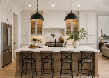 Bright modern kitchen with marble island and Black X-Back Barstool In Calgary