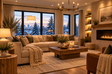 Layered lighting in a warm Scandinavian themed Calgary living room during winter