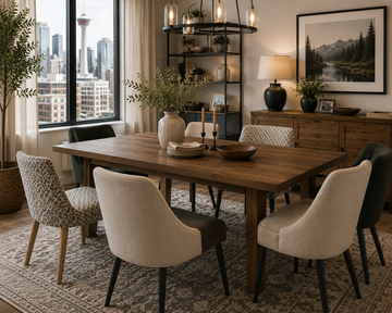 Dining chairs matched with wood dining table in Calgary home