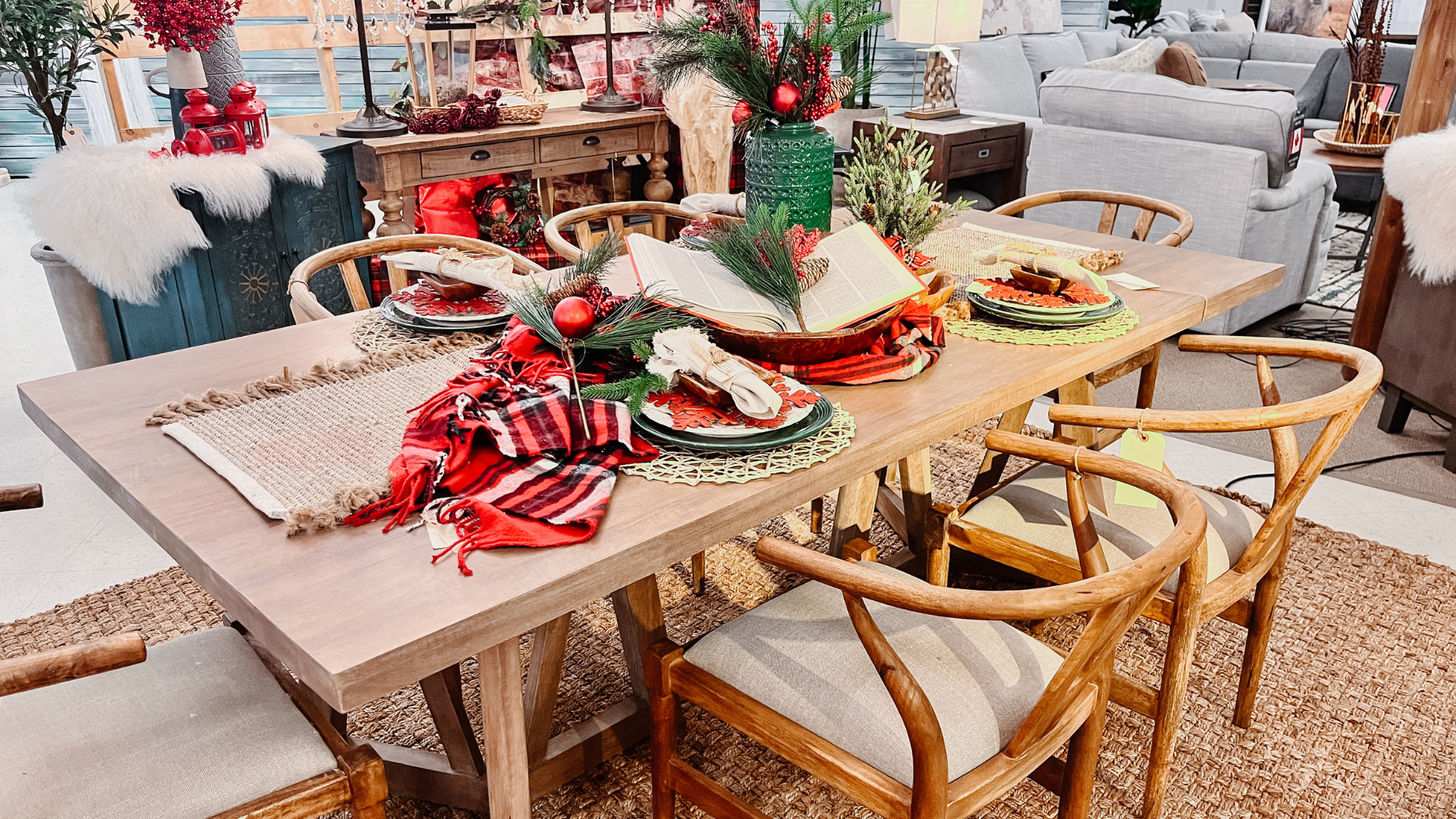 Solid wood dining table and chairs inside Showhome Furniture Calgary