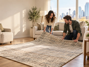 A young Calgary couple unrolls a large area rug beneath the front legs of their living room furniture.