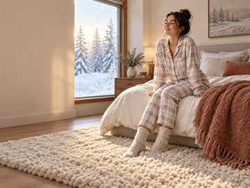 A Calgary woman steps from bed onto a thick cream wool area rug during a frosty winter morning.