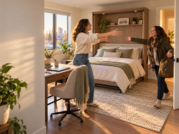 Two sisters reunite beside an opened cabinet Murphy bed in a warm Calgary home office guest room.