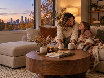 Mother and daughter enjoying hot chocolate beside a round walnut coffee table in a warm Calgary living room.