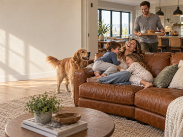 Happy Calgary family gathers on a cognac leather sectional with children, a golden retriever, and Saturday pancakes.