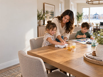 A Calgary mother and daughter clean a juice spill from an oak dining table while her son paints.