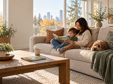 Calgary family reading together on an oatmeal fabric couch with their dog in a warm fall living room