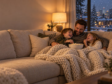 A Calgary dad and two children share popcorn beneath a blanket on a cozy couch during winter movie night.
